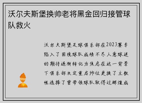 沃尔夫斯堡换帅老将黑金回归接管球队救火 沃尔夫斯堡换帅老将黑金回归接管球队救火